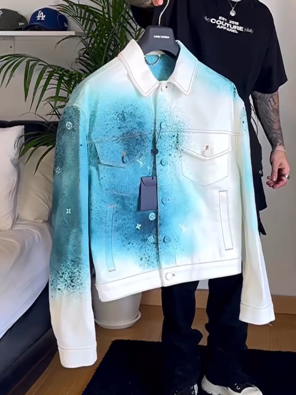 Louis Vuitton White & Aqua Spray-Effect Bomber Jacket